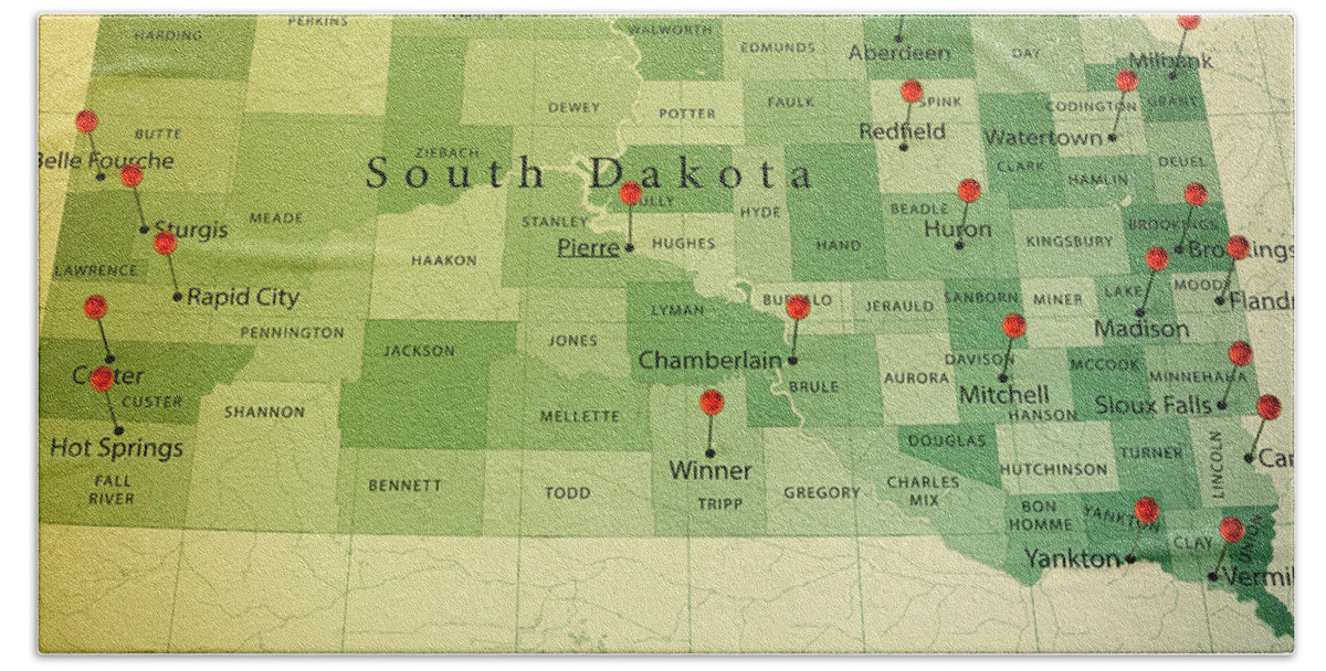 Cartography Bath Sheet featuring the digital art South Dakota Map Square Cities Straight Pin Vintage by Frank Ramspott