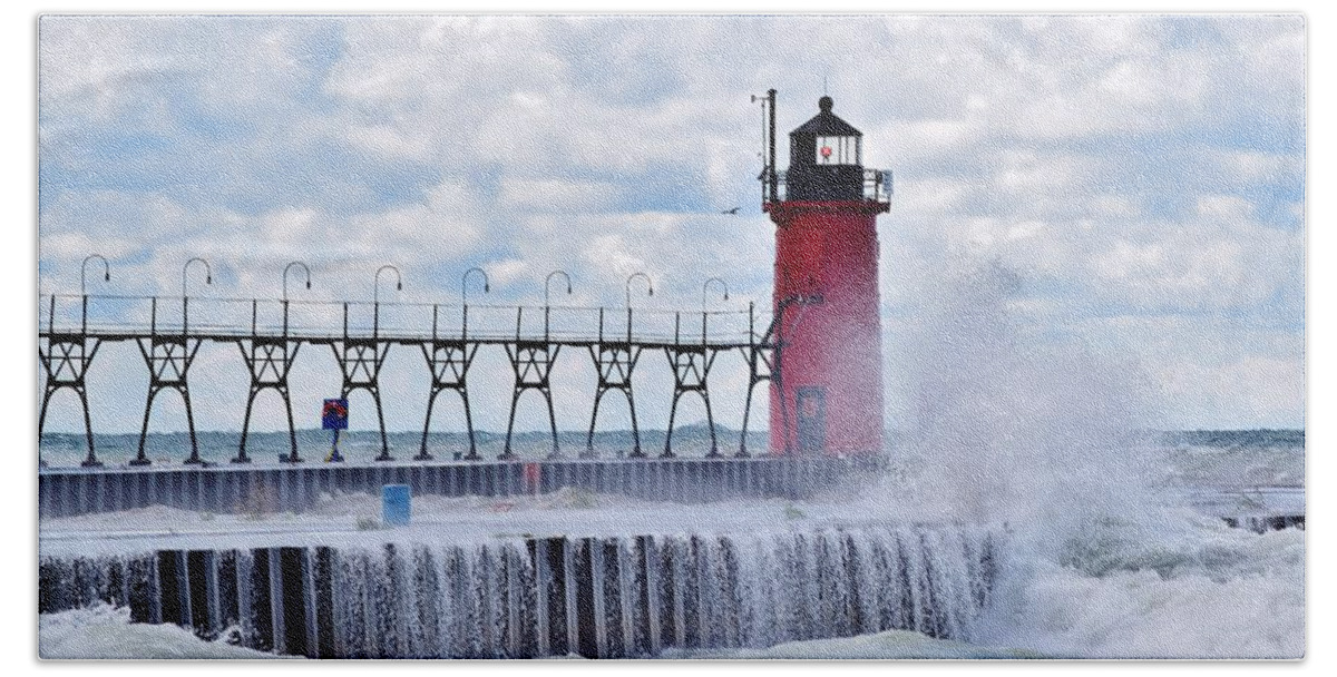 Michigan Hand Towel featuring the photograph South Haven Lighthouse by Nicole Lloyd