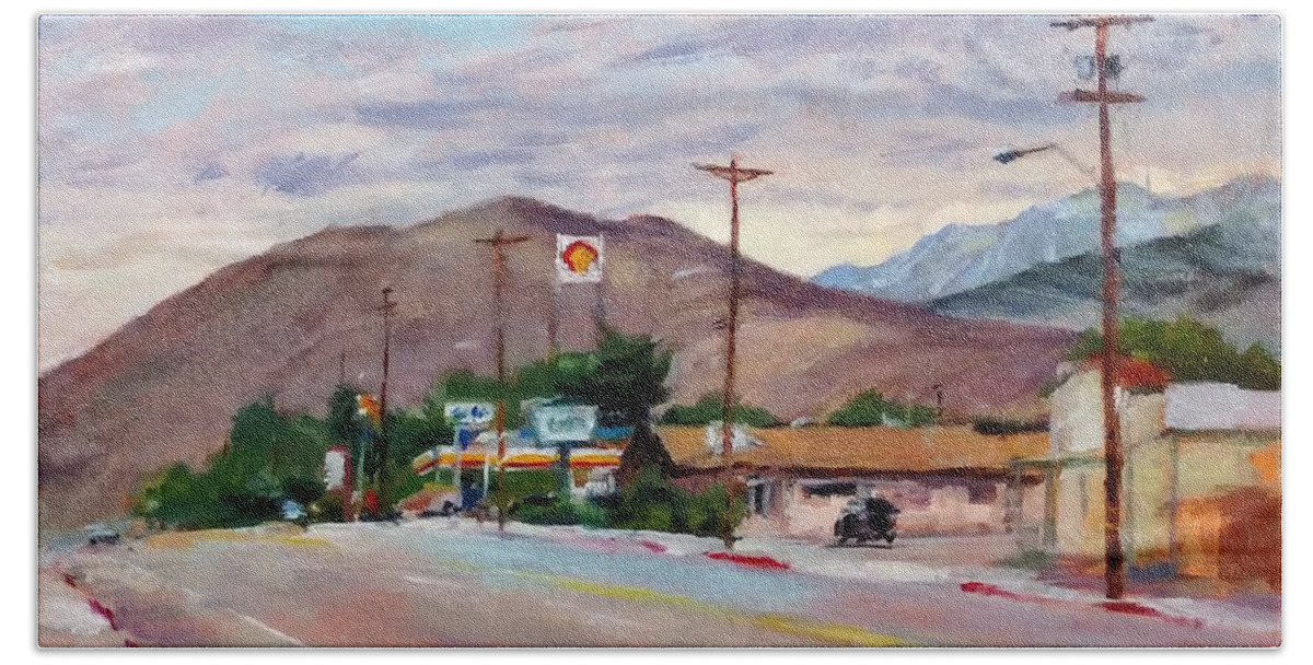 California Landscape Bath Towel featuring the painting South on Route 395, Big Pine, California by Peter Salwen
