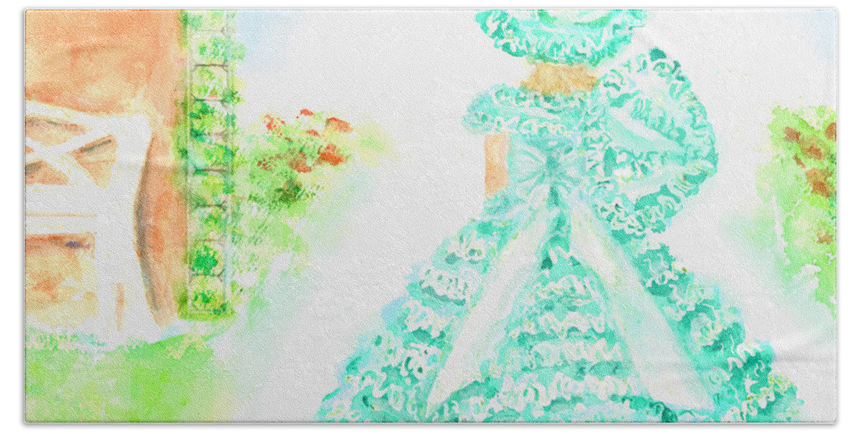 Sputhern Belle Bath Towel featuring the painting Southern Belle in Green Dress by Jerry Fair