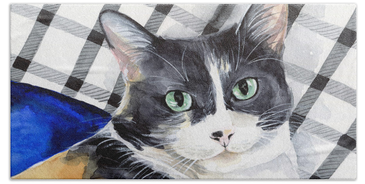Southpaw Bath Towel featuring the painting Southpaw - Calico Cat Portrait by Dora Hathazi Mendes