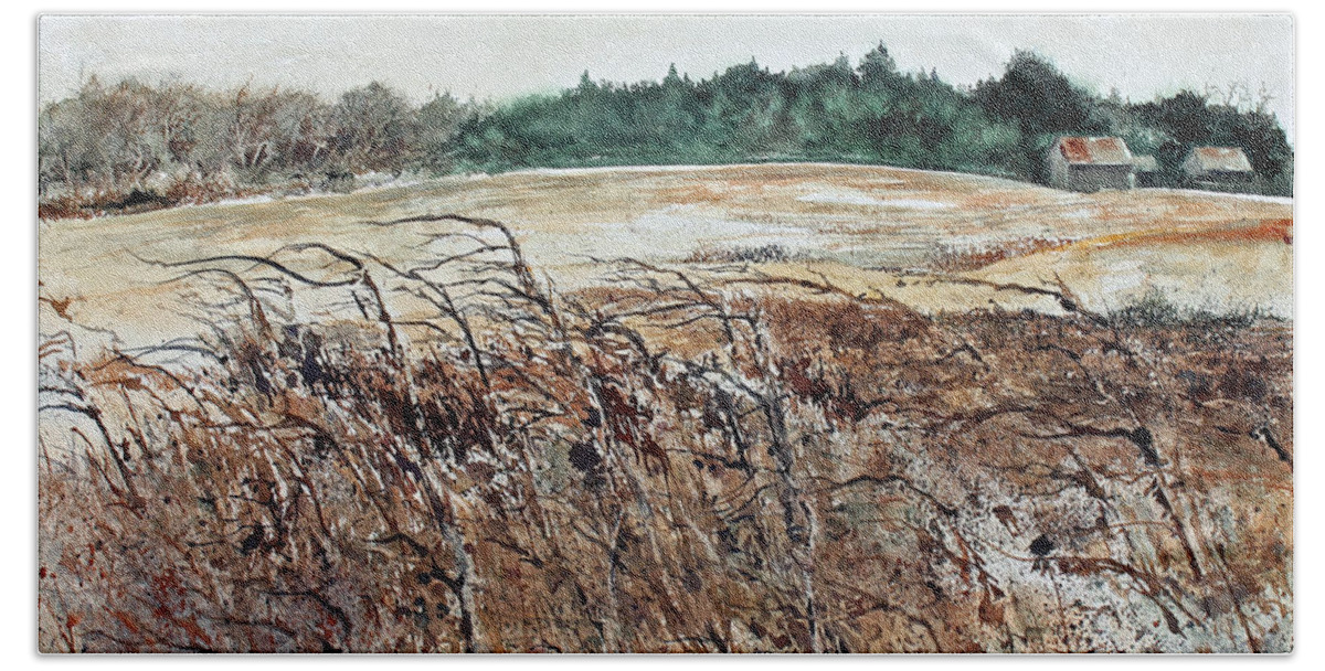 Stalks Of Tall Grasses Wave In The South Wind Of A Rural Farm Field South West Of Independence Bath Towel featuring the painting Southwind by Monte Toon