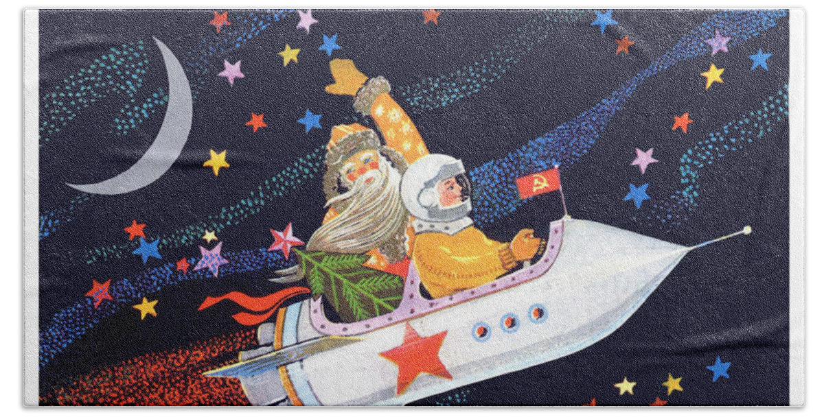 Soviet Astronaut Hand Towel featuring the painting Soviet astronaut fly in rocket together with Santa by Long Shot