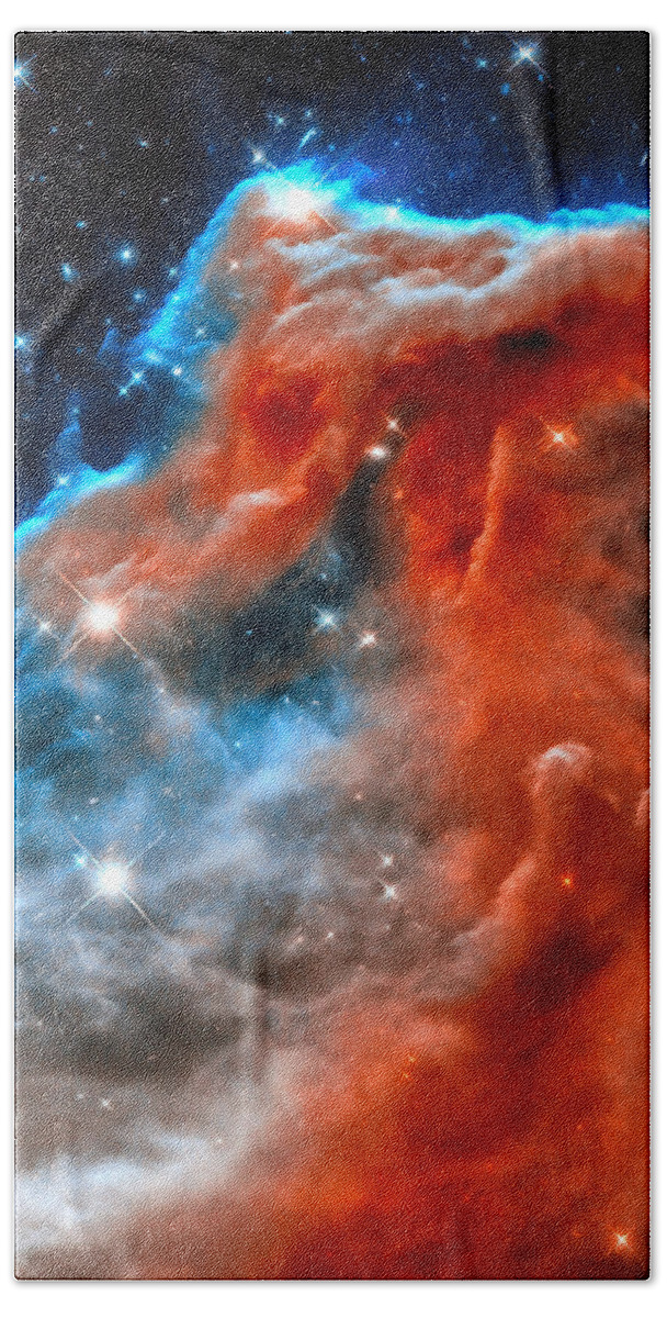Horsehead Nebula Hand Towel featuring the photograph Space image horsehead nebula orange red blue black by Matthias Hauser