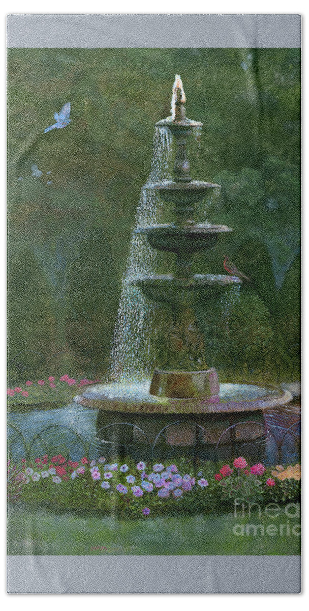 Fountain Hand Towel featuring the painting Sparkling Garden Fountain by Nancy Lee Moran