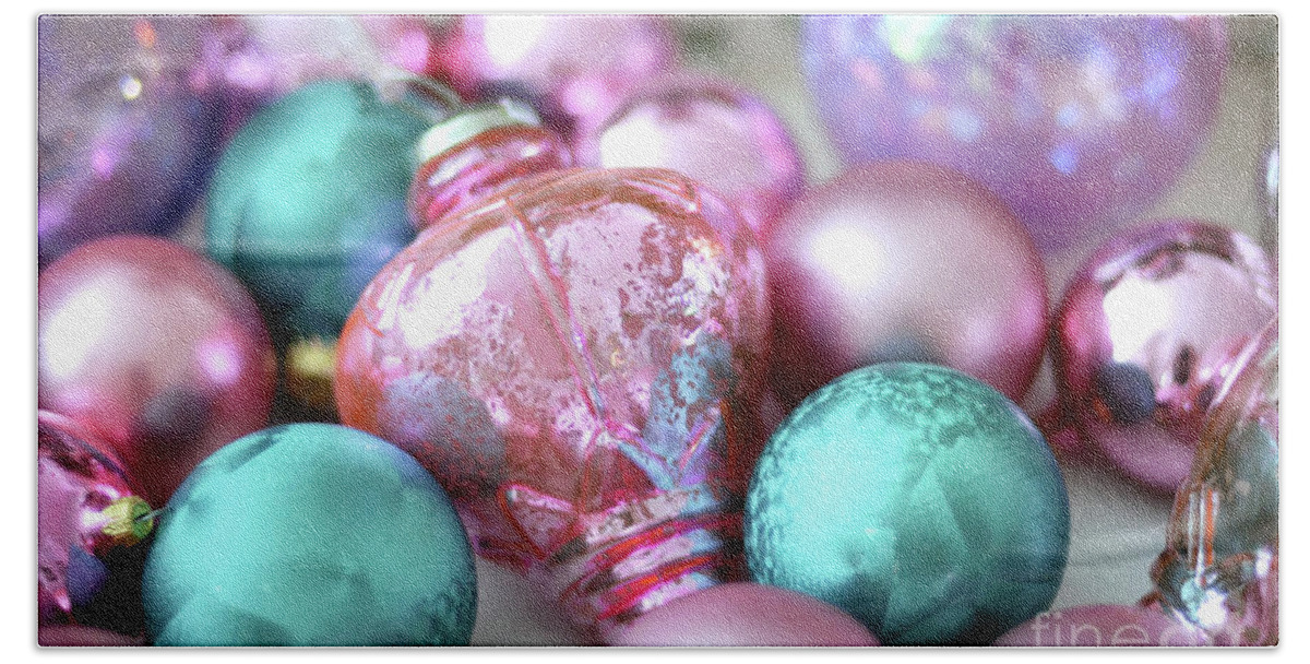 Holiday Christmas Pink Aqua Ornaments Prints And Home Decor Bath Towel featuring the photograph Sparkling Holiday Christmas Pink Aqua Lavender Ornaments - Holiday Ornaments Prints Home Decor by Kathy Fornal
