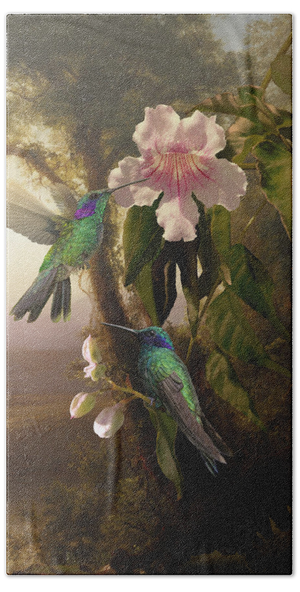 Birds Hand Towel featuring the digital art Sparkling Violetear Hummingbirds and Trumpet Flower by M Spadecaller