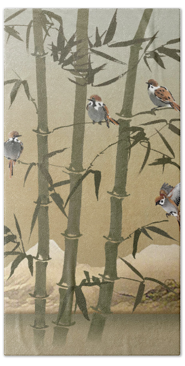Asian Hand Towel featuring the digital art Sparrows And Bamboo by M Spadecaller