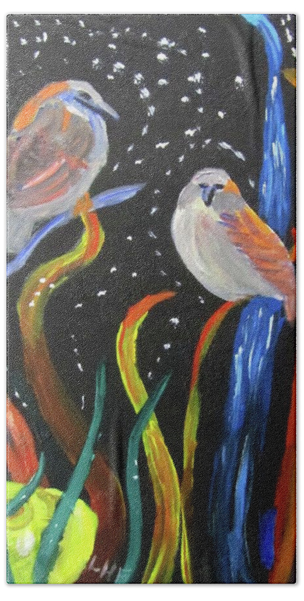 Sparrows Bath Towel featuring the painting Sparrows inspired by Chihuly by Linda Feinberg