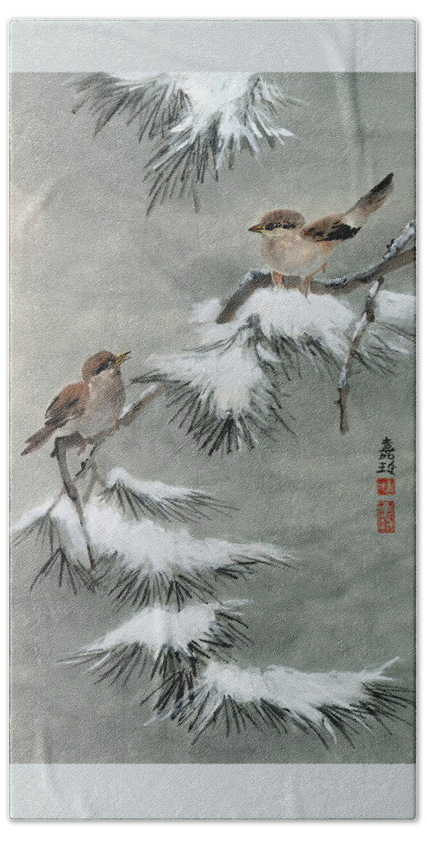 Snow Pine Hand Towel featuring the painting Sparrows on Snowy Pine by Charlene Fuhrman-Schulz