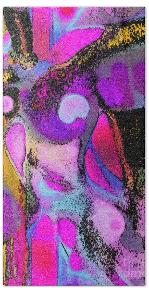 Abstract Expressionist Work. Pinks And Purples Dominate And Black With Yellow Accents This Joyful Dancing Dramatic Digital Artwork. Bath Sheet featuring the digital art Special occassion by Priscilla Batzell Expressionist Art Studio Gallery