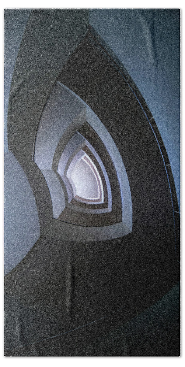 Architecture Bath Towel featuring the photograph Spiral modern staircase in blue tones by Jaroslaw Blaminsky