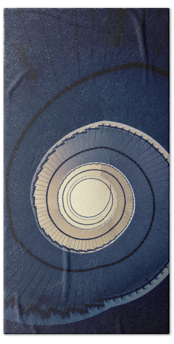 Spiral Staircase Hand Towel featuring the photograph Spiral staircase in blue and cream tones by Jaroslaw Blaminsky