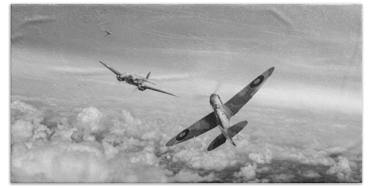Spitfire Hand Towel featuring the photograph Spitfire attacking Heinkel bomber black and white version by Gary Eason