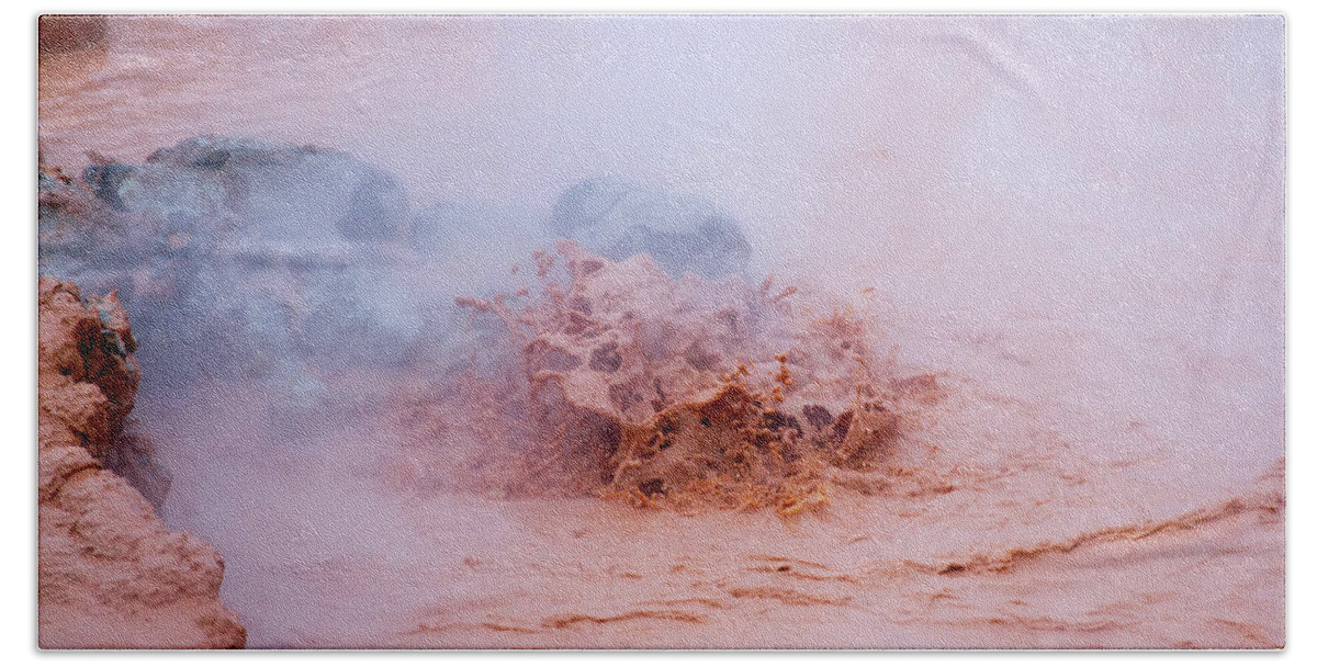 America Bath Towel featuring the photograph Splashing mud in hot pots at Fountain Paint Pots in Yellowstone by Karen Foley