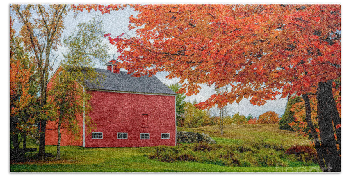 Red Hand Towel featuring the photograph Splendid Red Barn in the Fall by Alana Ranney