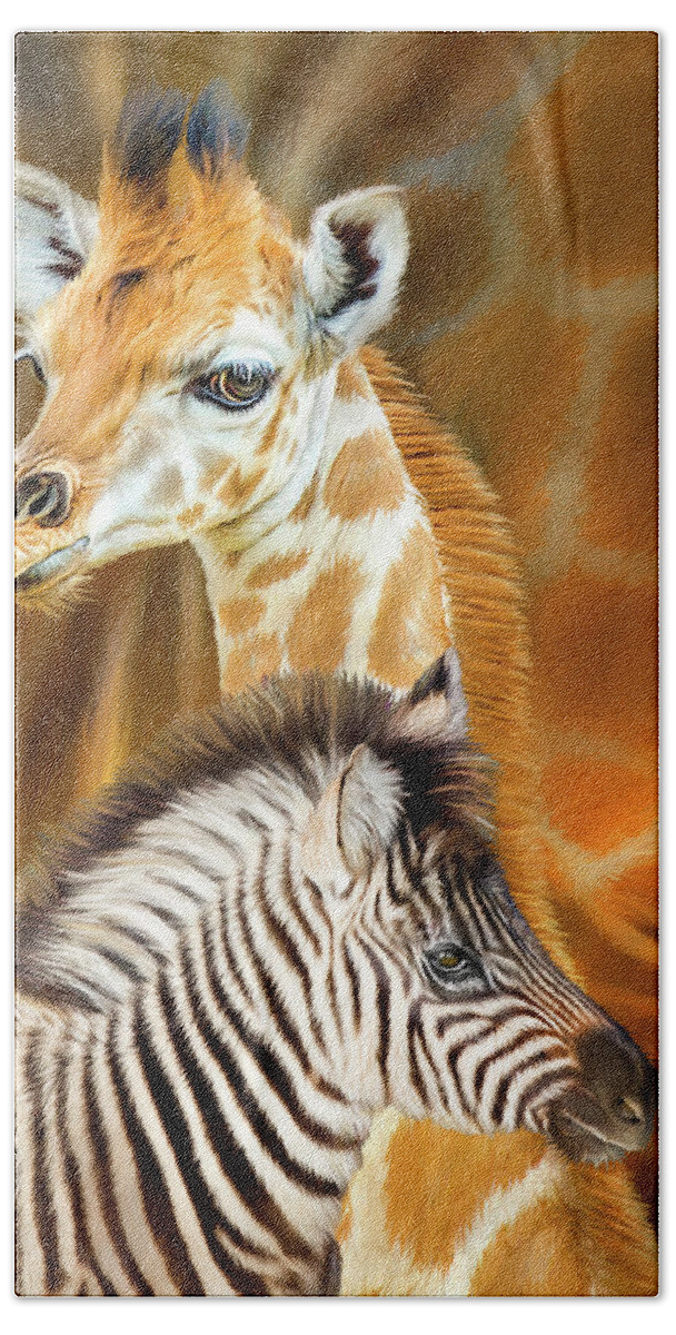 Carol Cavalaris Bath Towel featuring the mixed media Spots And Stripes - Giraffe And Zebra by Carol Cavalaris