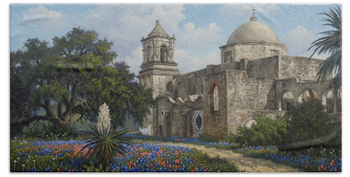 Texas Mission Bath Towel featuring the painting Spring at San Jose by Kyle Wood