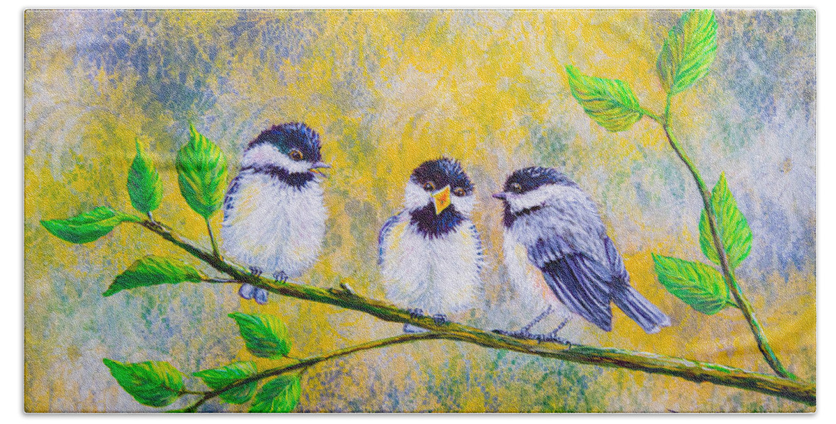 Chickadee Hand Towel featuring the painting Spring Babies by Dee Carpenter