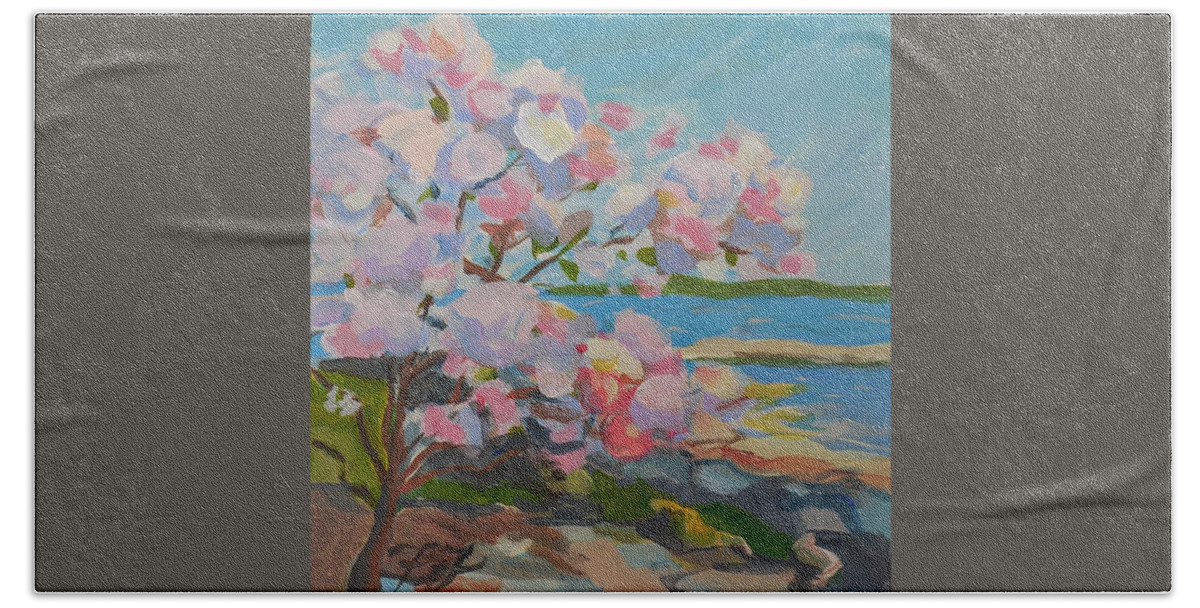 Landscape Hand Towel featuring the painting Spring Blooms by Sea by Francine Frank
