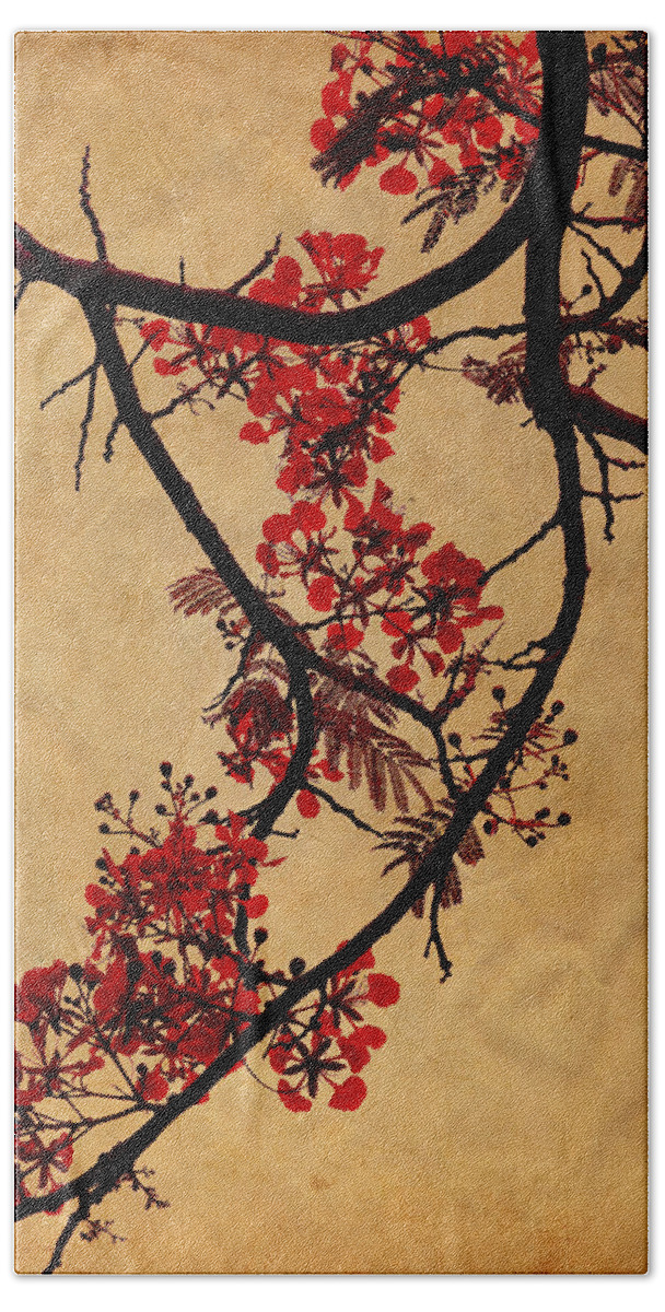 Spring Bath Towel featuring the photograph Spring Bloosom in Maldives. Flamboyant Tree I. Japanese Style by Jenny Rainbow