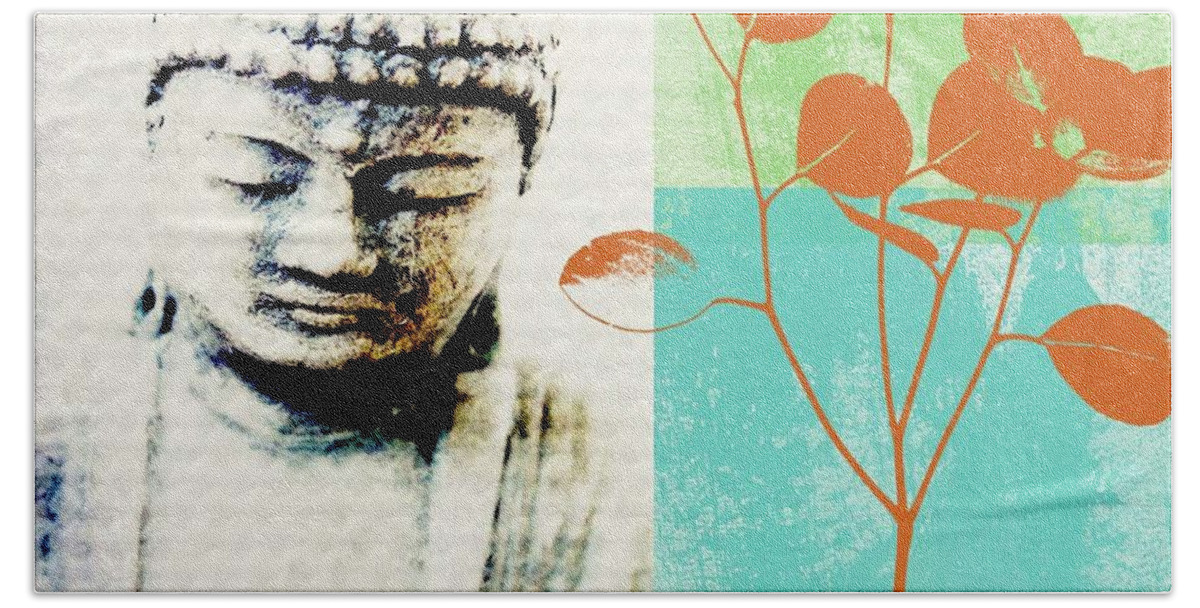 Buddha Bath Sheet featuring the mixed media Spring Buddha by Linda Woods
