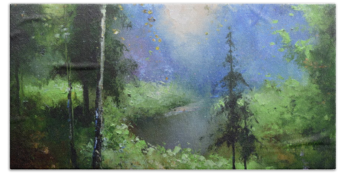 Russian Artists New Wave Bath Towel featuring the painting Spring Creek by Igor Medvedev