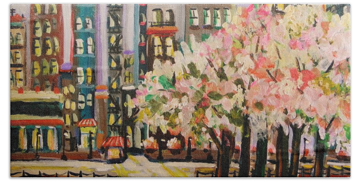 Flowering Trees Hand Towel featuring the painting Spring in the City by John Williams