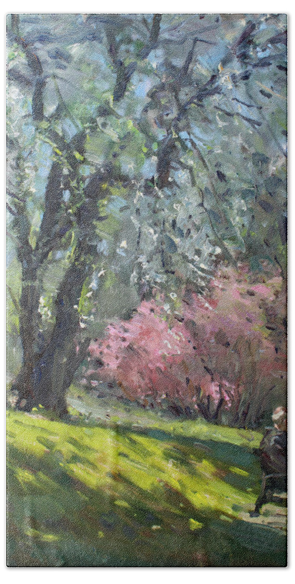Spring Hand Towel featuring the painting Spring in the Park by Ylli Haruni