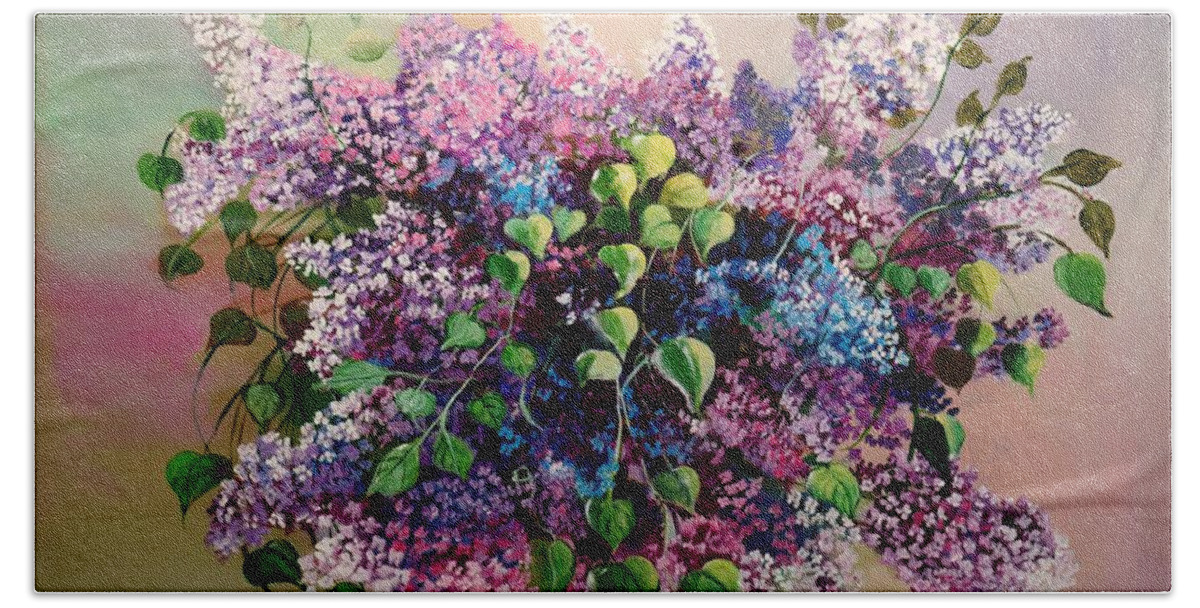 Floral Bath Towel featuring the painting Spring Lilac Bush by Carole Sluski
