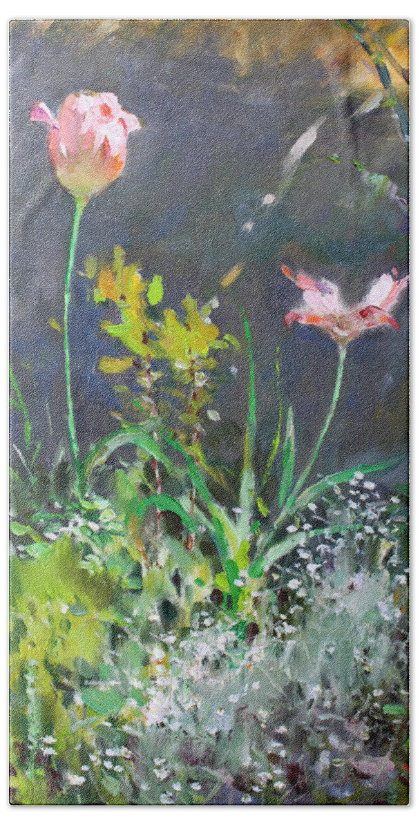 Flowers Hand Towel featuring the painting Spring on my Backyard by Ylli Haruni