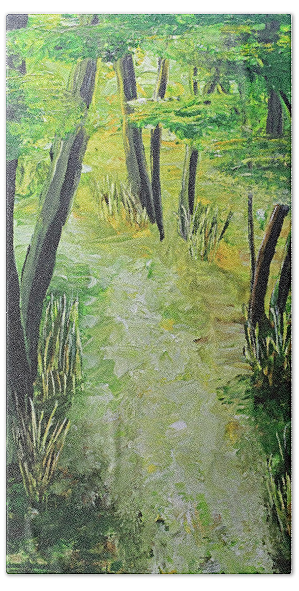 Earth Day Bath Towel featuring the painting Spring Path by April Burton