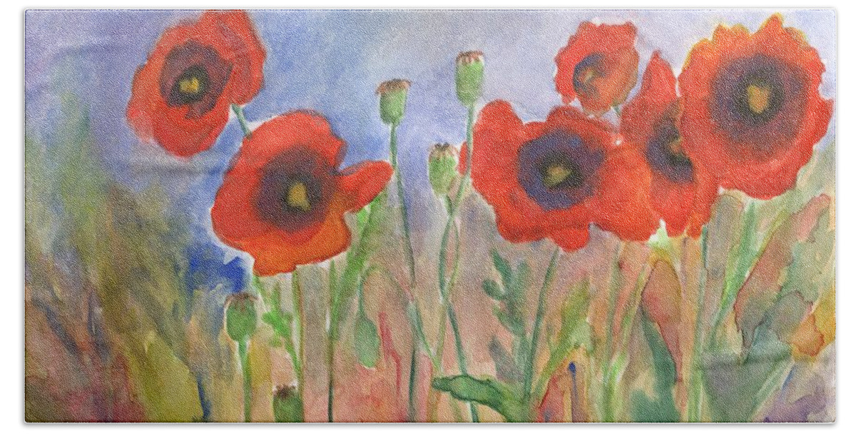 Poppies Bath Towel featuring the painting Spring Pops by Bev Veals