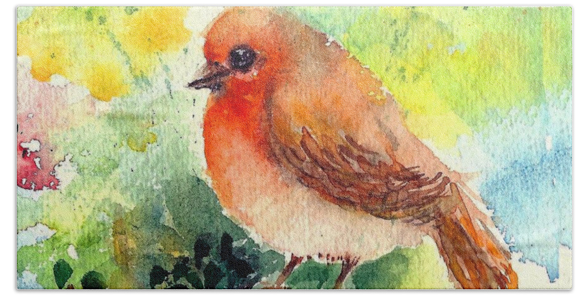 Spring Bath Towel featuring the painting Spring Robin by Asha Sudhaker Shenoy