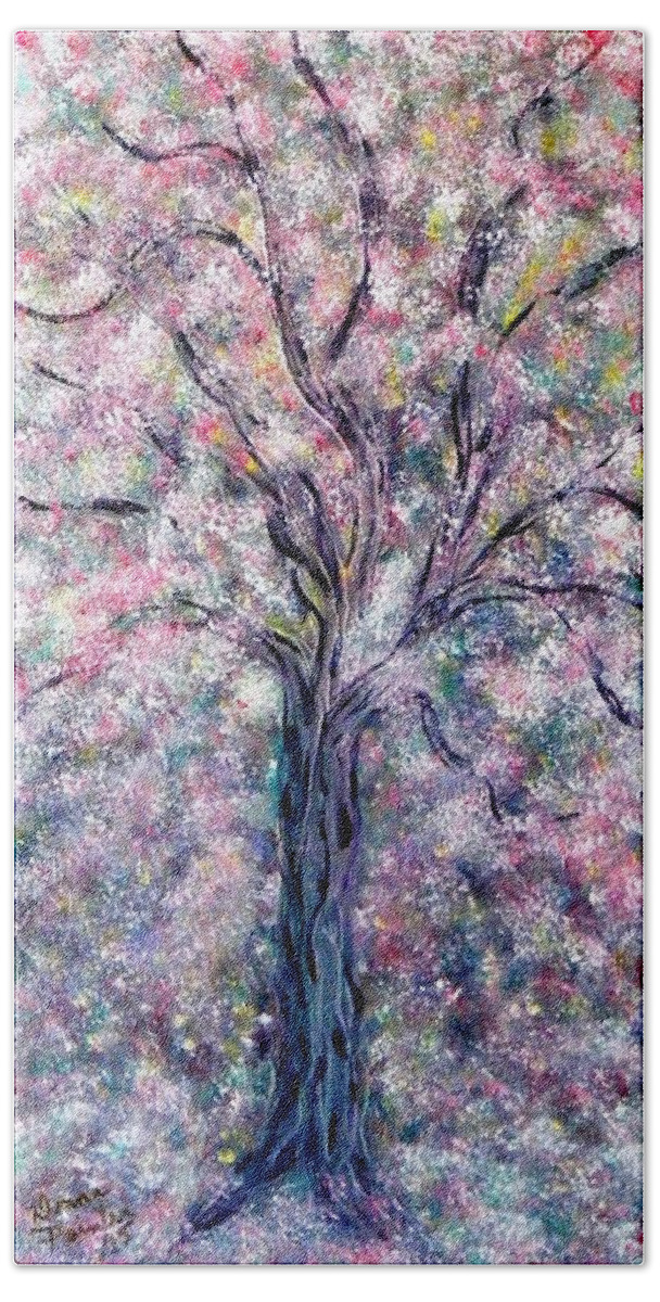 Spring Bath Towel featuring the painting Spring Tree of Life by Donna Painter