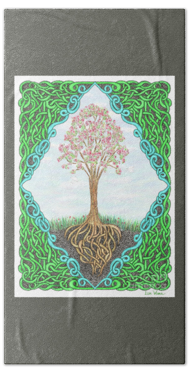 Lise Winne Bath Towel featuring the drawing Spring Tree with Knotted Roots and Knotted Border by Lise Winne