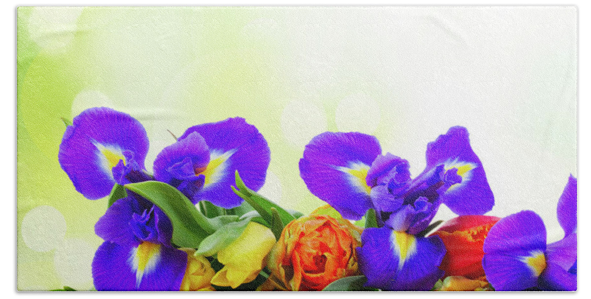 Easter Bath Towel featuring the photograph Spring Tulips and Irises by Anastasy Yarmolovich