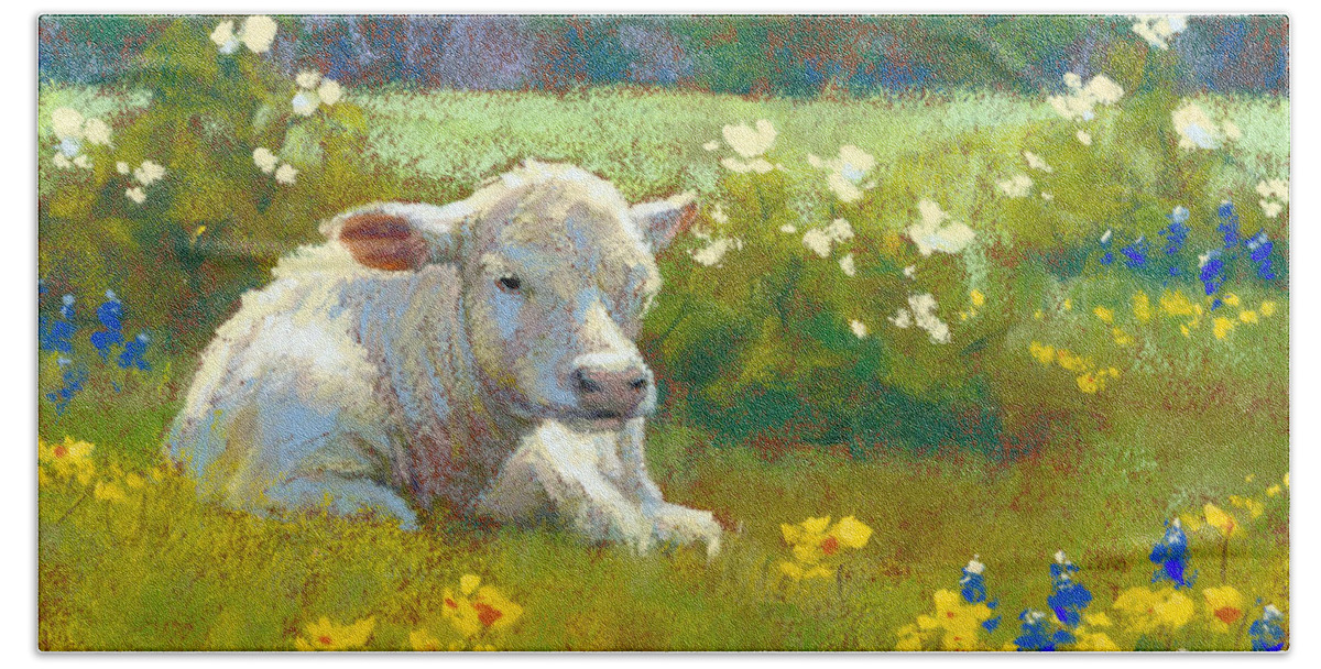Cow Hand Towel featuring the pastel Springtime in Texas by Rita Kirkman