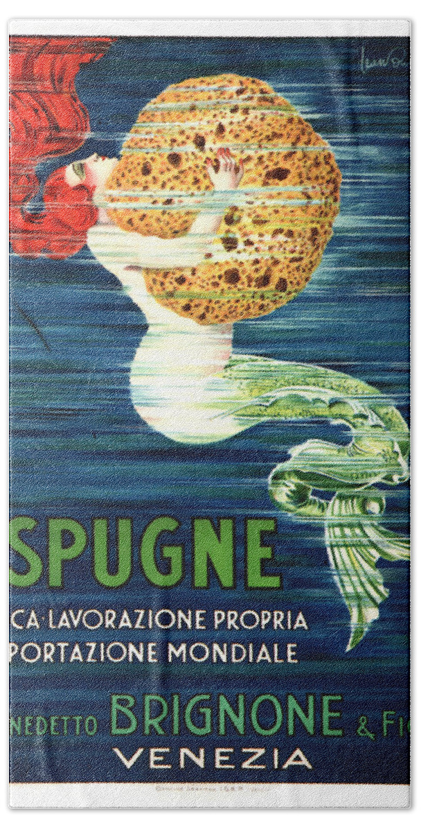 Vintage Hand Towel featuring the mixed media Spugne - Mermaid - Brignone Bath Sponge - Vintage Advertising Poster by Studio Grafiikka
