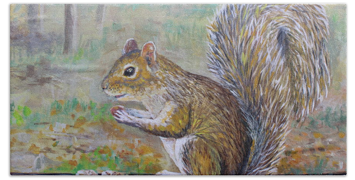 Squirrel Hand Towel featuring the painting Spunky Squirrel by Lou Ann Bagnall
