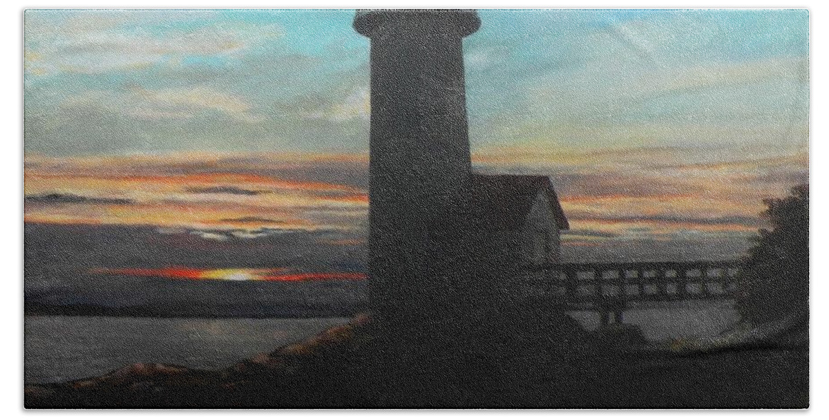Annisquam Hand Towel featuring the painting Squam Light at Sunset by Eileen Patten Oliver