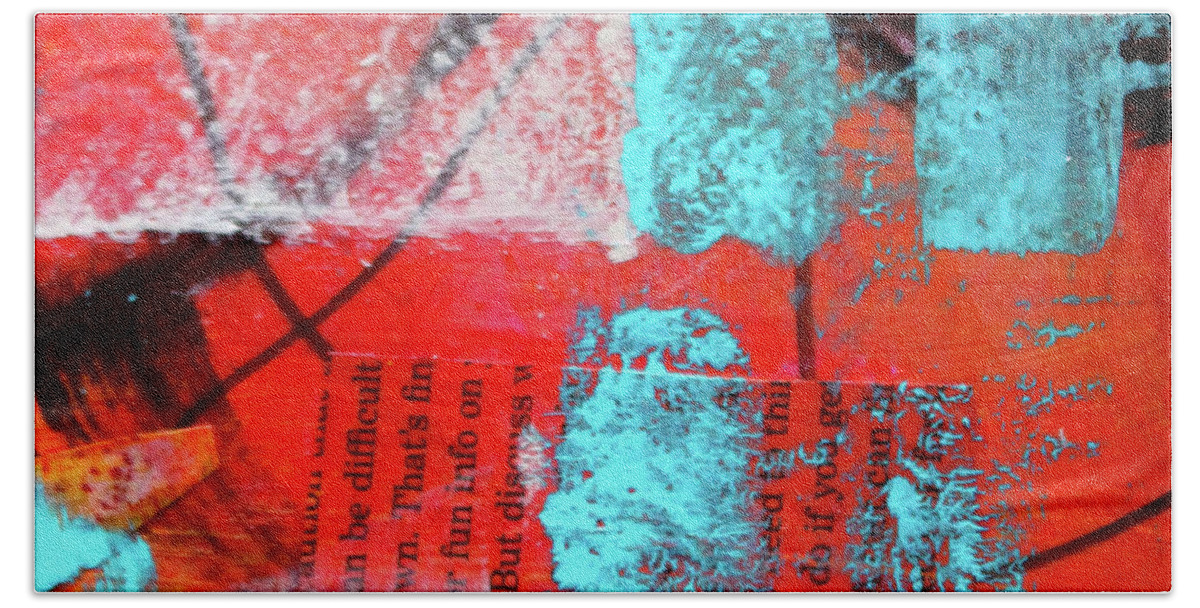 Red Abstract Art Bath Towel featuring the mixed media Square Collage No. 10 by Nancy Merkle