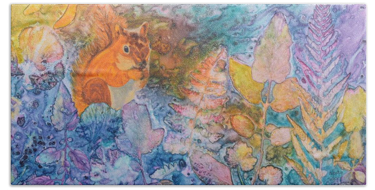 Squirrel Bath Towel featuring the painting Squirrel Hollow by Nancy Jolley