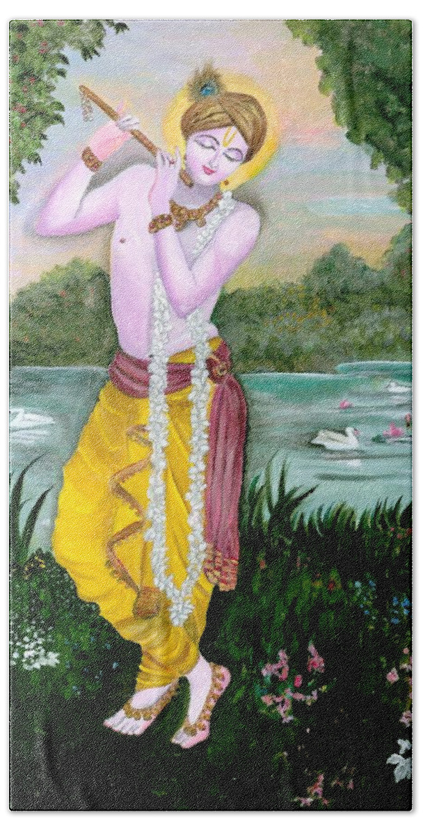 Krishna Bath Towel featuring the painting The divine flute player, Sri Krishna by Tara Krishna
