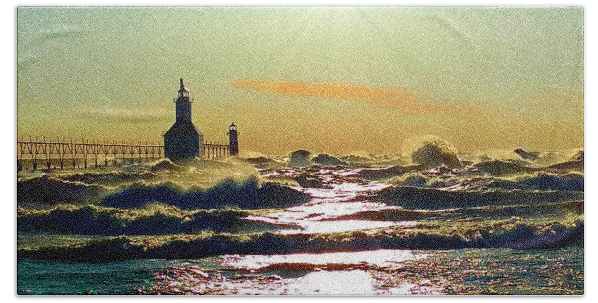 St Joseph Lighthouse Hand Towel featuring the photograph St Joseph Lighthouses by Michael Rucker