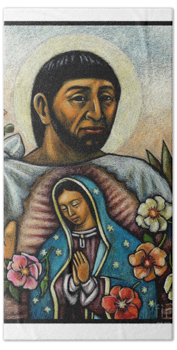 St. Juan Diego And The Virgin's Image Bath Towel featuring the painting St. Juan Diego and the Virgins Image - JLJDV by Julie Lonneman
