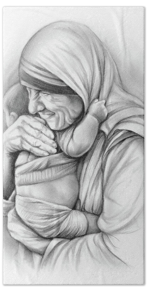 Church Bath Sheet featuring the drawing St Mother Teresa by Greg Joens