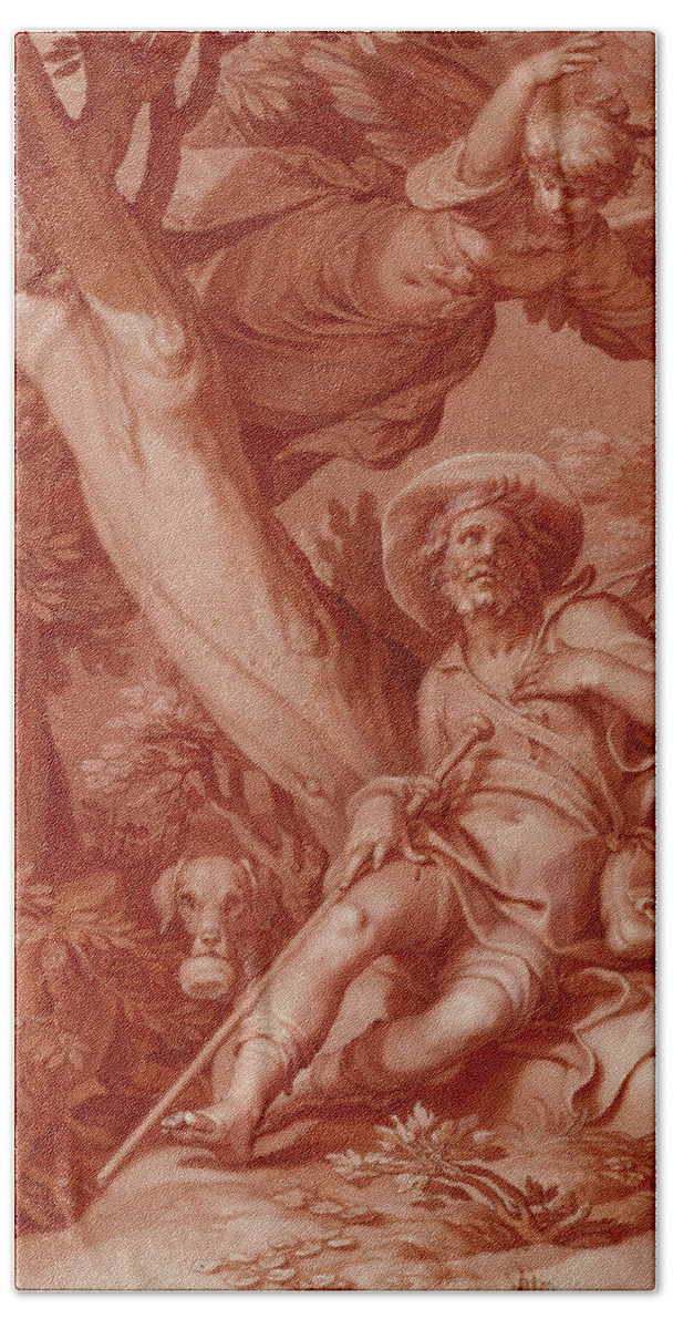 16th Century Art Bath Towel featuring the drawing St. Roch by Abraham Bloemaert