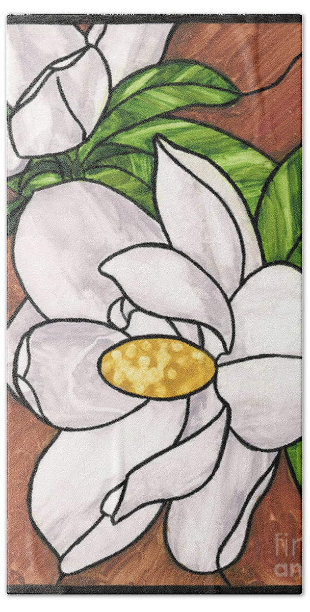 Watercolor Bath Towel featuring the painting Stained Glass Magnolias by Brandy Woods