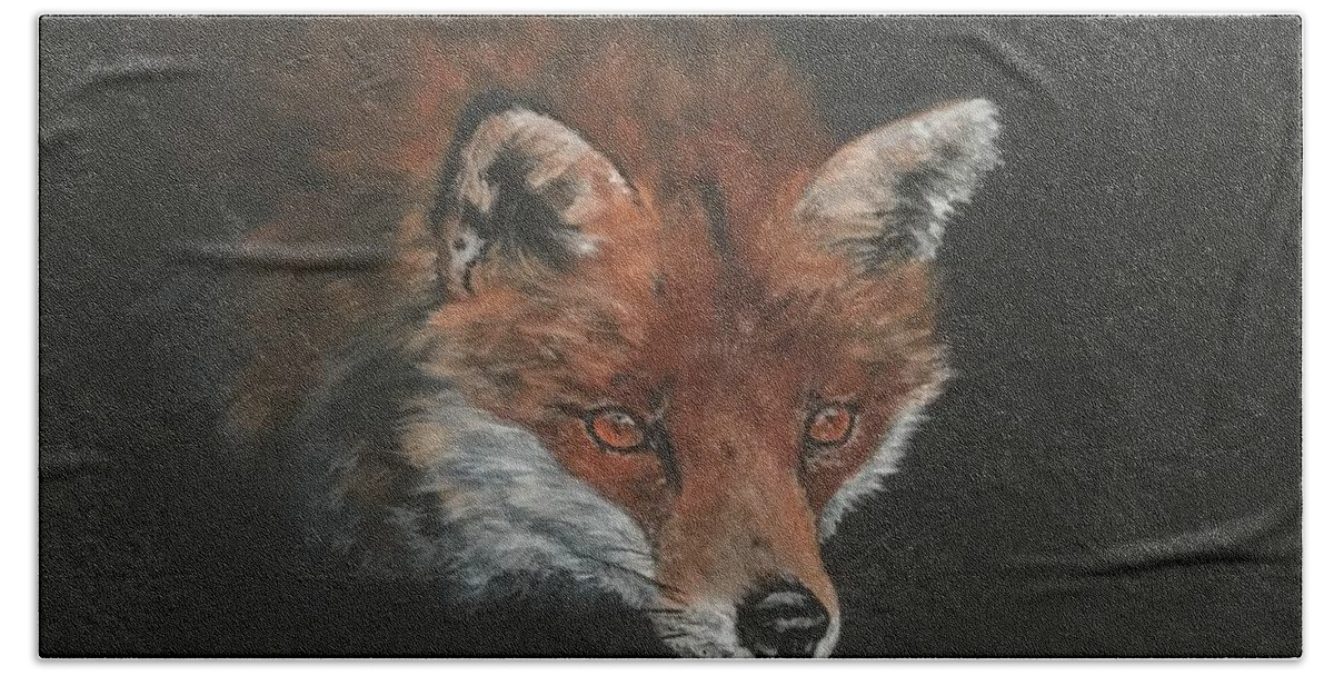 Fox Hand Towel featuring the painting Red Fox in Stalking Mode by Jean Walker